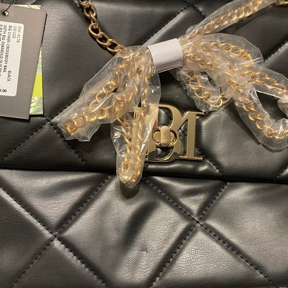 Badgley Mischka Black Quilted Crossbody Bag with Gold Chain